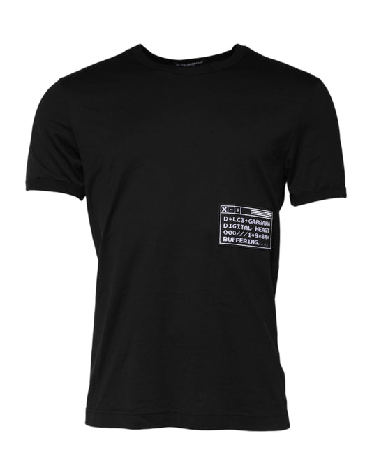 Camiseta de algodón con cuello redondo y parche del logotipo negro