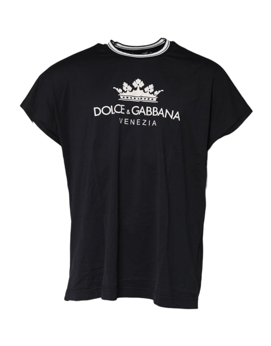Camiseta de algodón con cuello redondo y corona veneciana azul oscuro