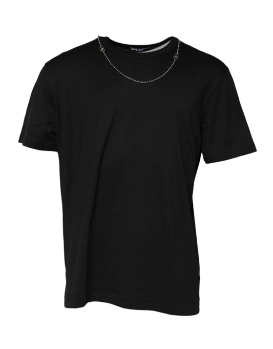 Camiseta de algodón con cuello redondo y cadena negra
