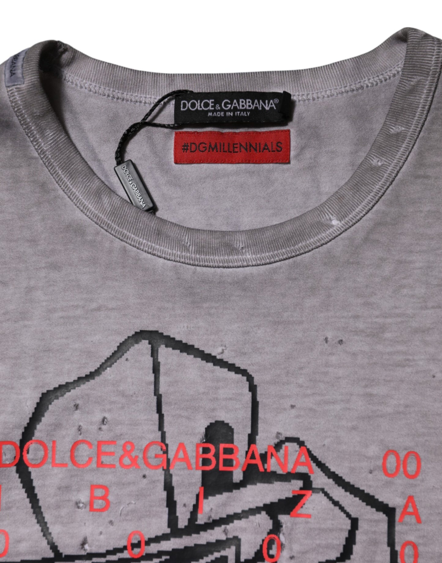 Camiseta de algodón con cuello redondo y estampado gráfico gris
