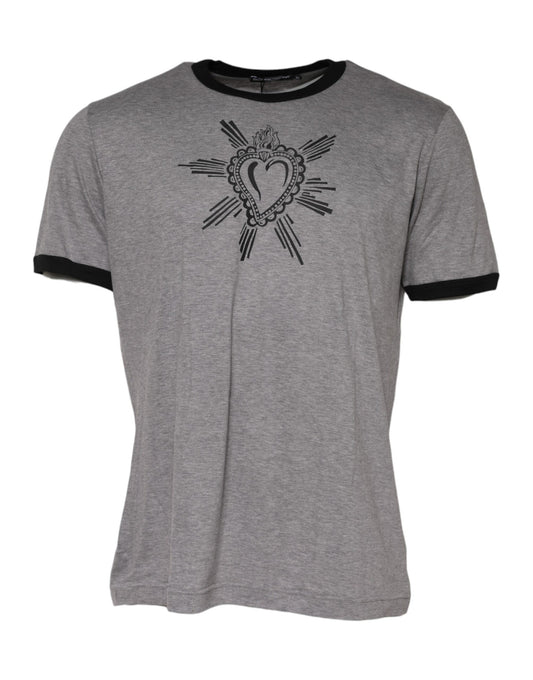 Camiseta de algodón con cuello redondo y estampado del Sagrado Corazón en gris