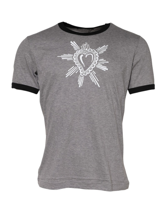 Camiseta de algodón con cuello redondo y estampado del Sagrado Corazón en gris