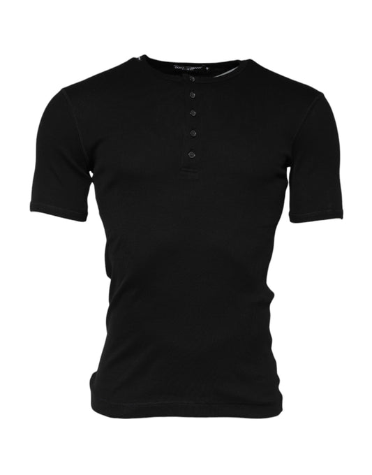 Camiseta Henley de cuello redondo de punto de algodón negro