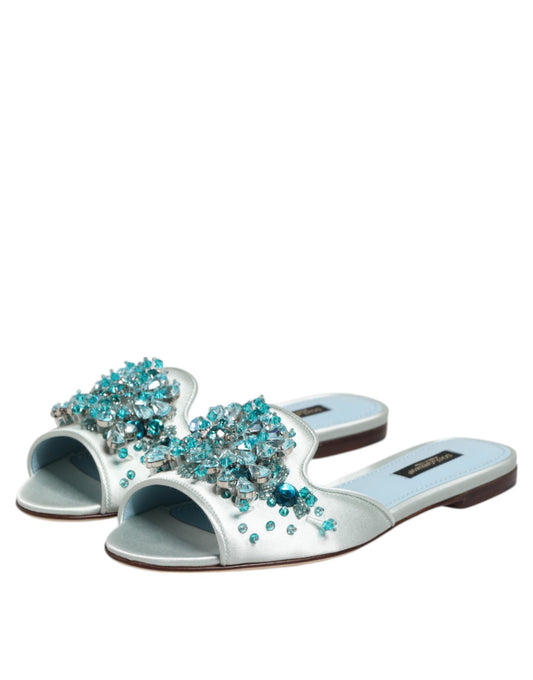 Sandalias de cuero azul plateado con adornos de cuentas