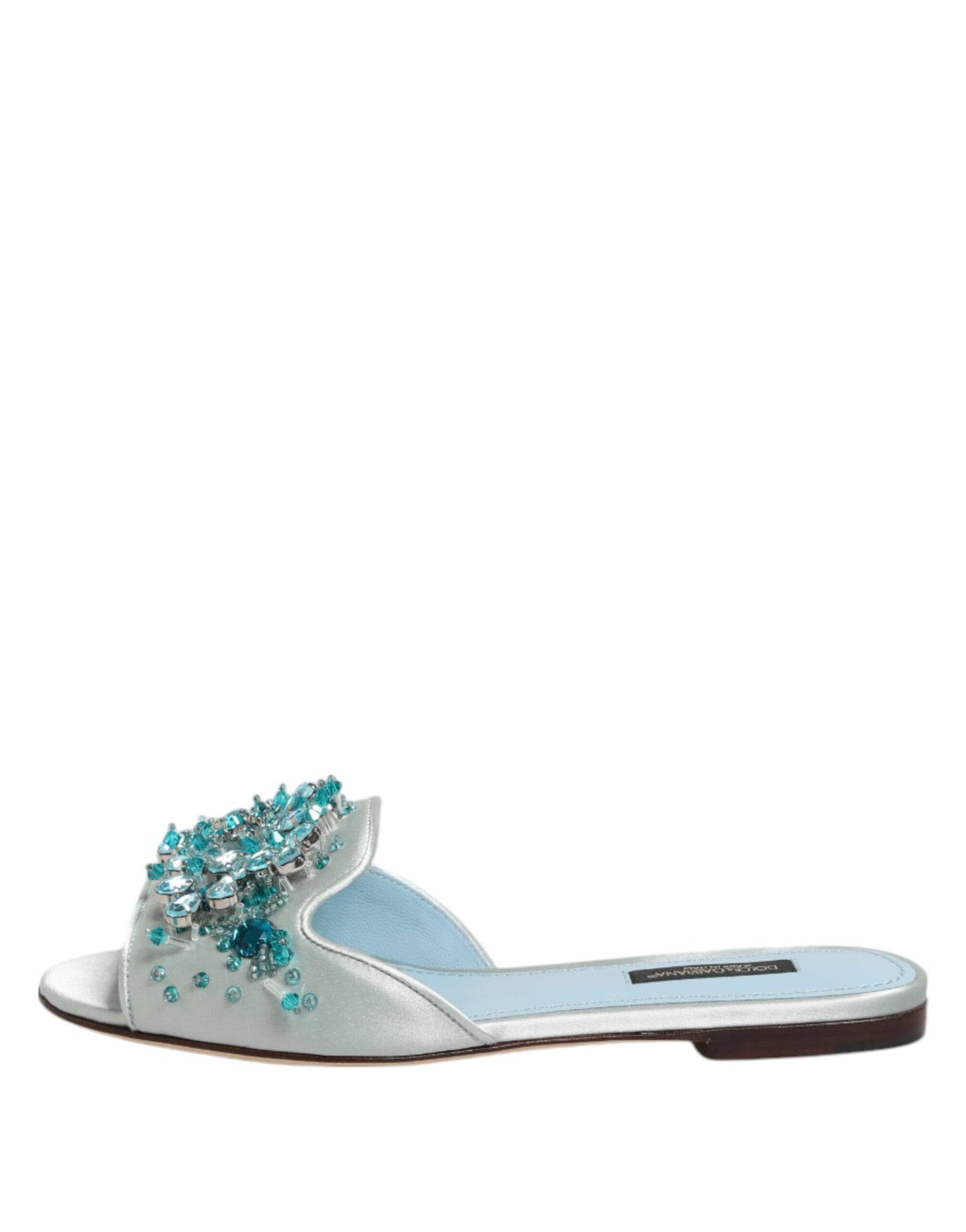 Sandalias de cuero azul plateado con adornos de cuentas