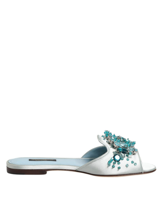 Sandalias de cuero azul plateado con adornos de cuentas