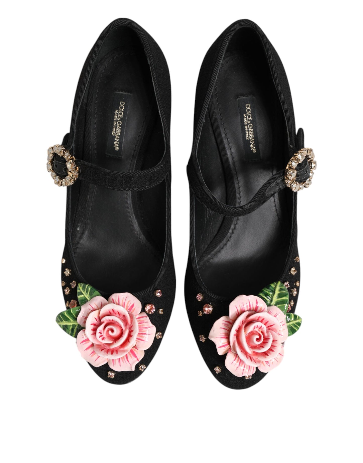 Zapatos Mary Jane con adornos de cristal y flores negras