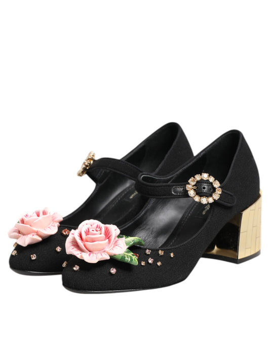 Zapatos Mary Jane con adornos de cristal y flores negras