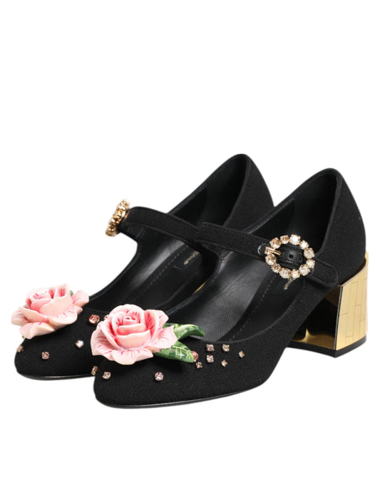 Zapatos Mary Jane con adornos de cristal y flores negras