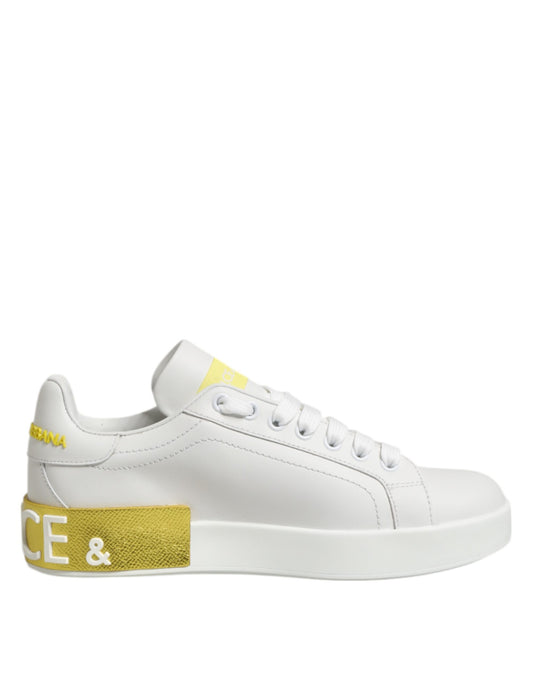 Zapatillas bajas de cuero blanco y amarillo