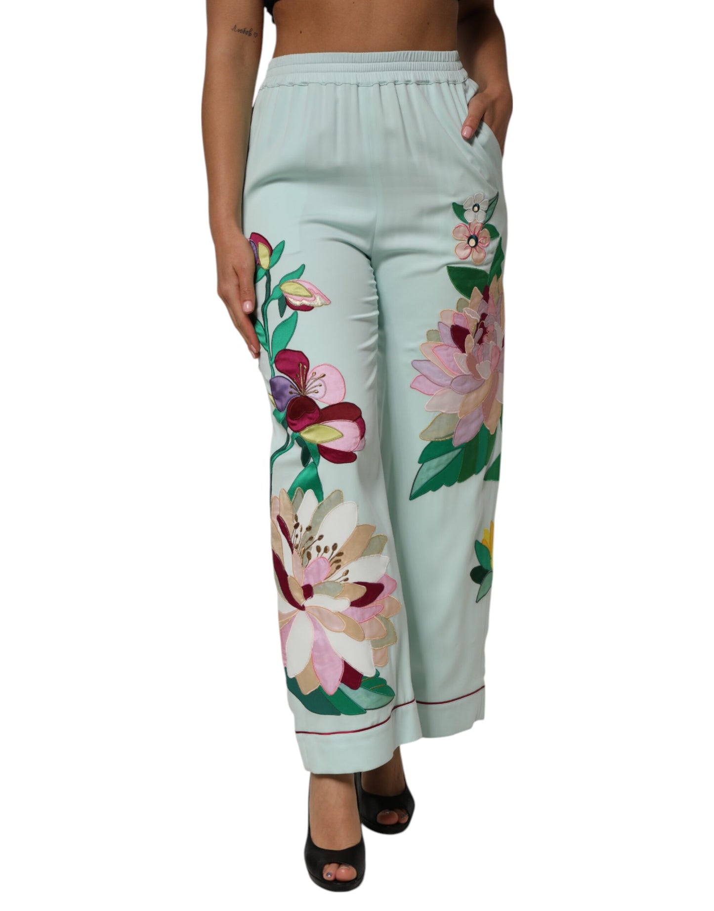 Pantalones de pijama rectos con liga y estampado floral verde