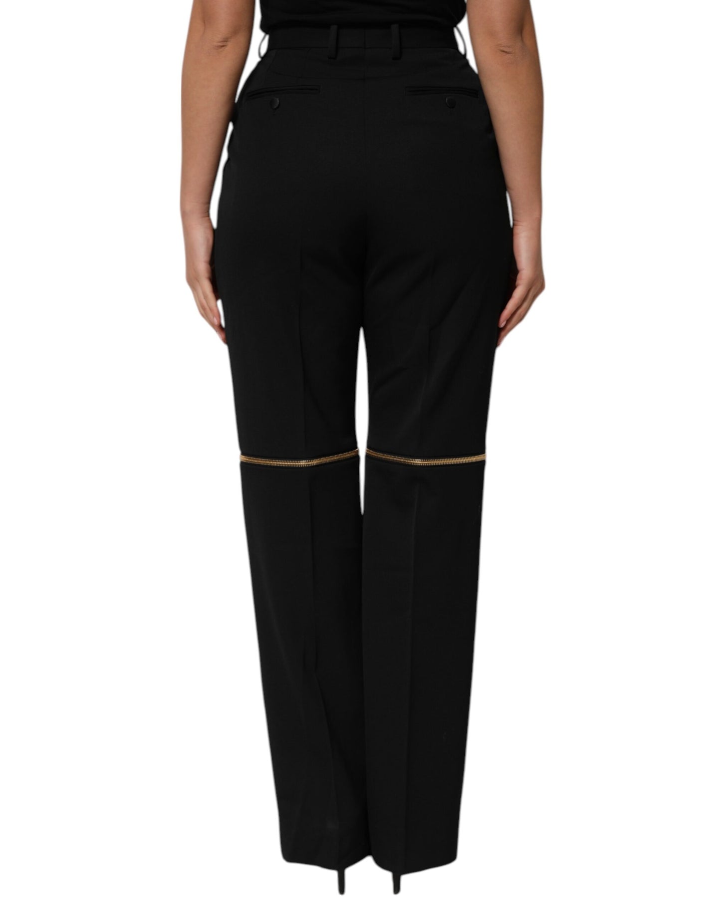 Pantalones rectos de lana con cremallera negra y detalles
