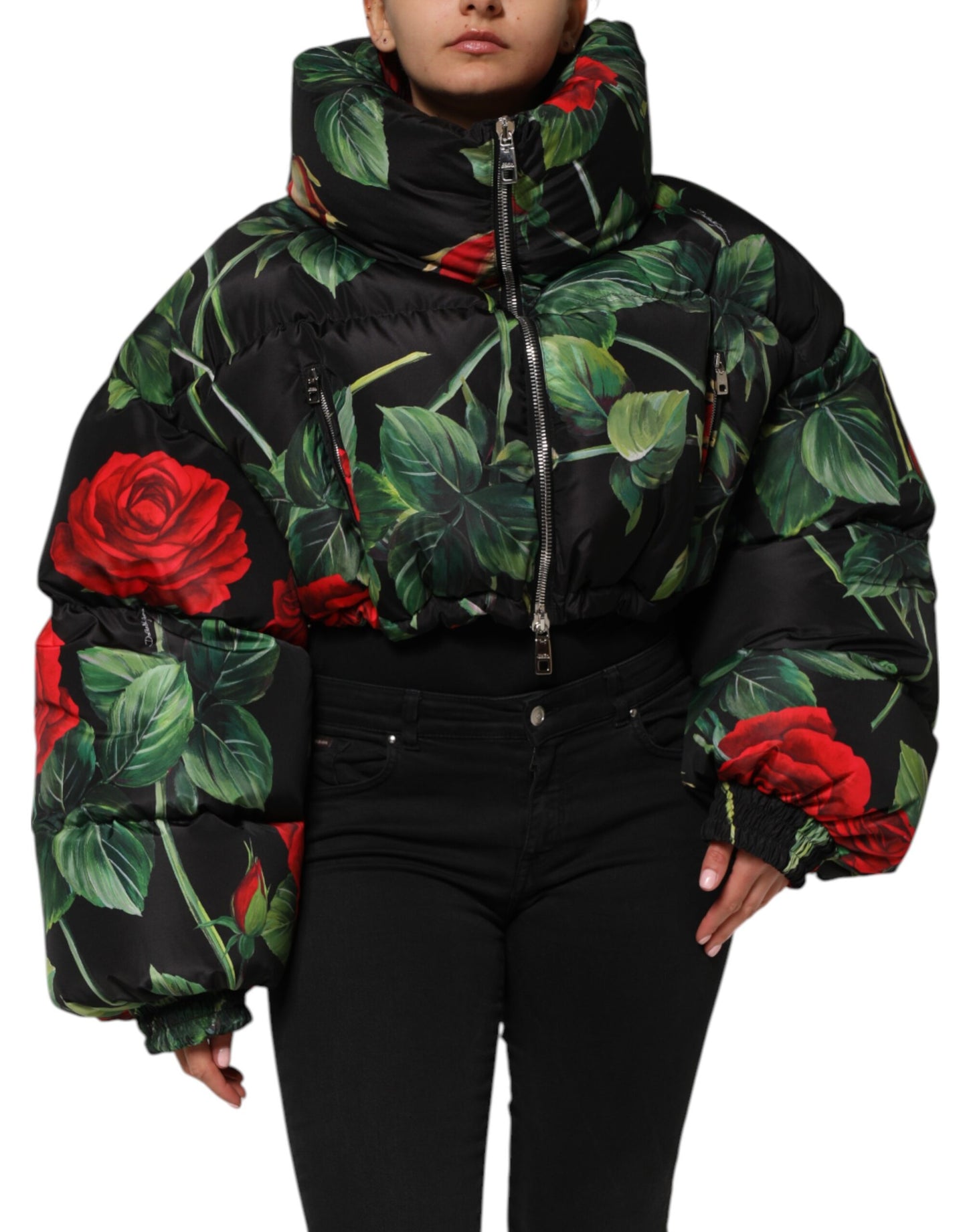Chaqueta acolchada con cremallera completa y estampado floral multicolor