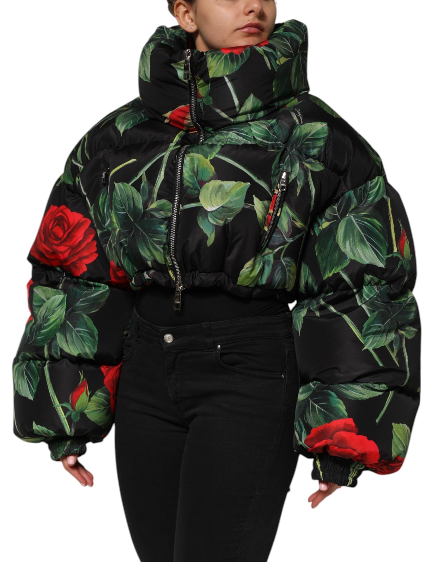 Chaqueta acolchada con cremallera completa y estampado floral multicolor