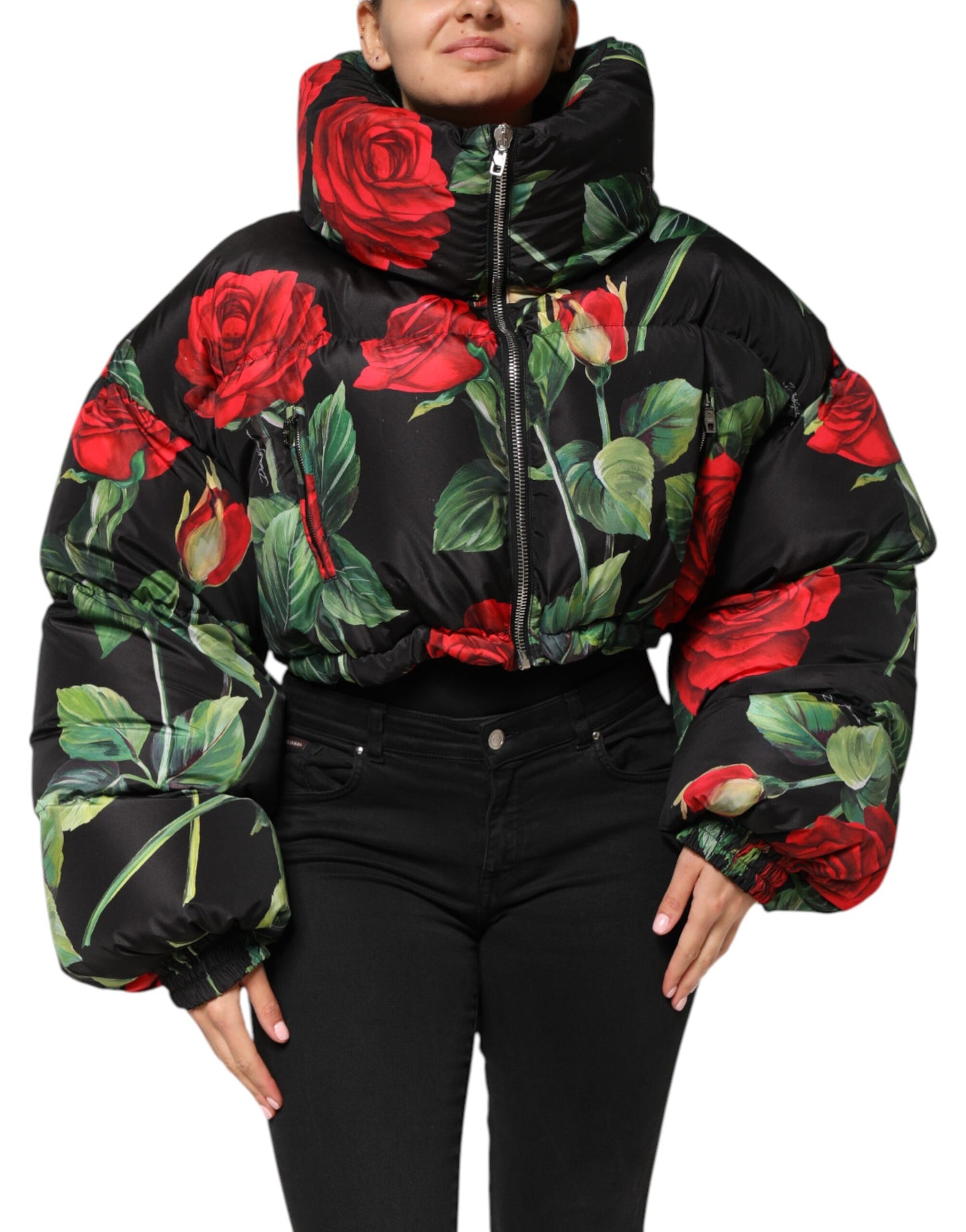 Chaqueta acolchada con cremallera completa y estampado floral multicolor