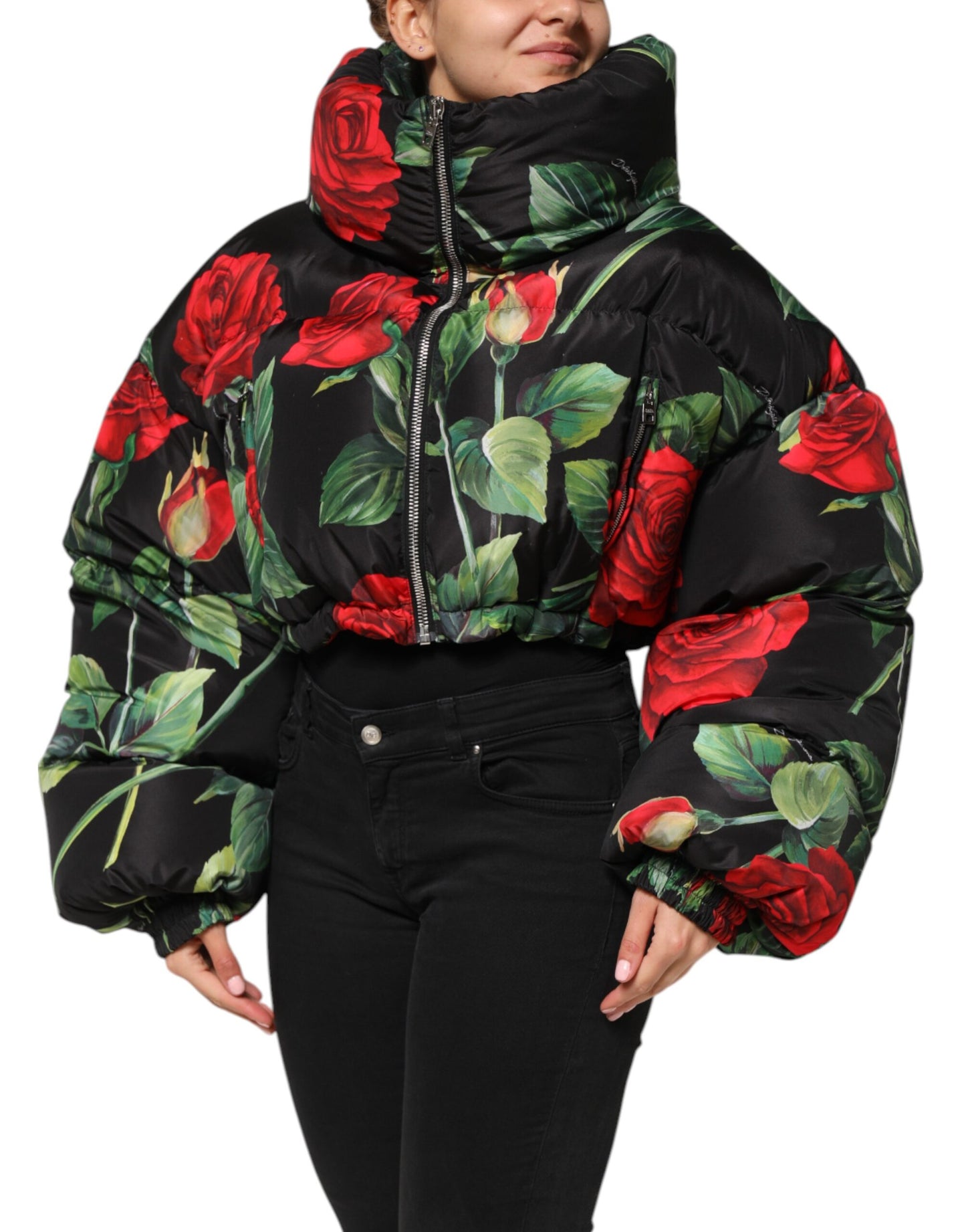 Chaqueta acolchada con cremallera completa y estampado floral multicolor