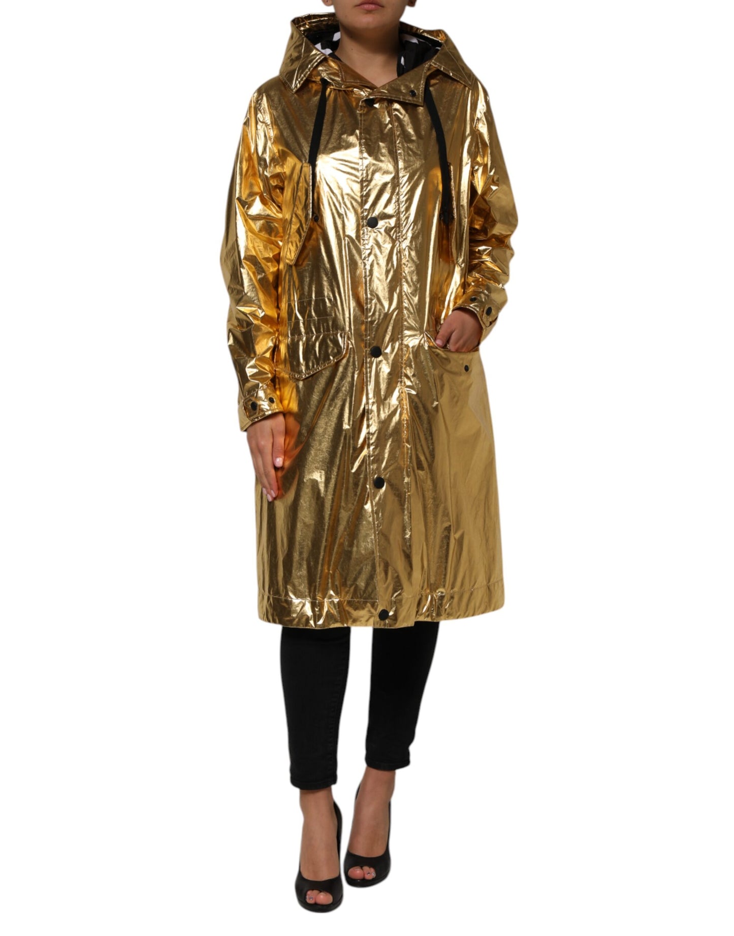 Chaqueta gabardina de manga larga con capucha dorada
