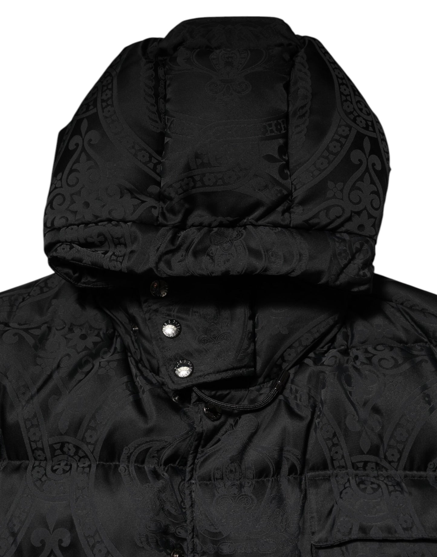 Chaqueta acolchada con capucha y diseño de jacquard negro