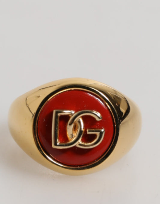 Anillo para hombre con logotipo DG rojo de latón auténtico en tono dorado