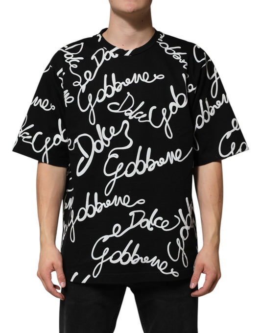 Camiseta de algodón con cuello redondo y estampado de logotipo negro